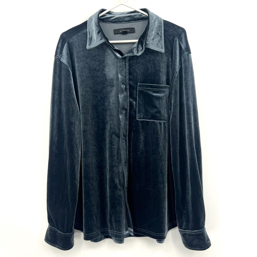 Jaywalker Mens M Velvet Button Up Shirt Dark Teal Blue Long Sleeve Chest Pocket